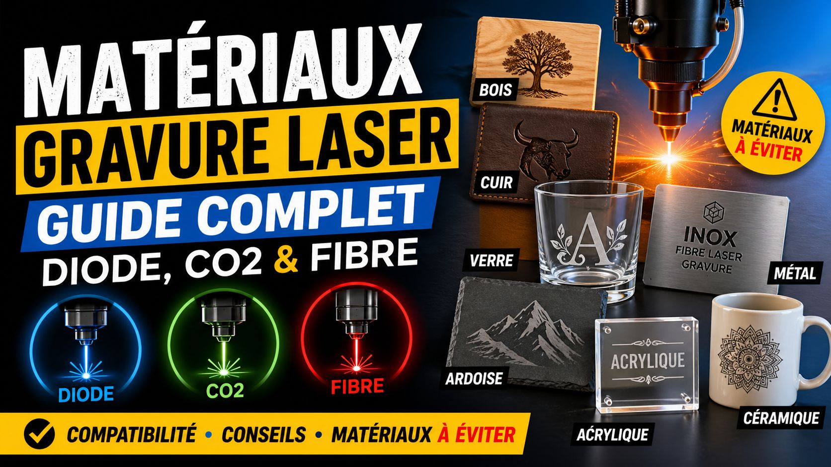Matériaux gravure laser : guide complet (Diode, CO2 & fibre) + compatibilité